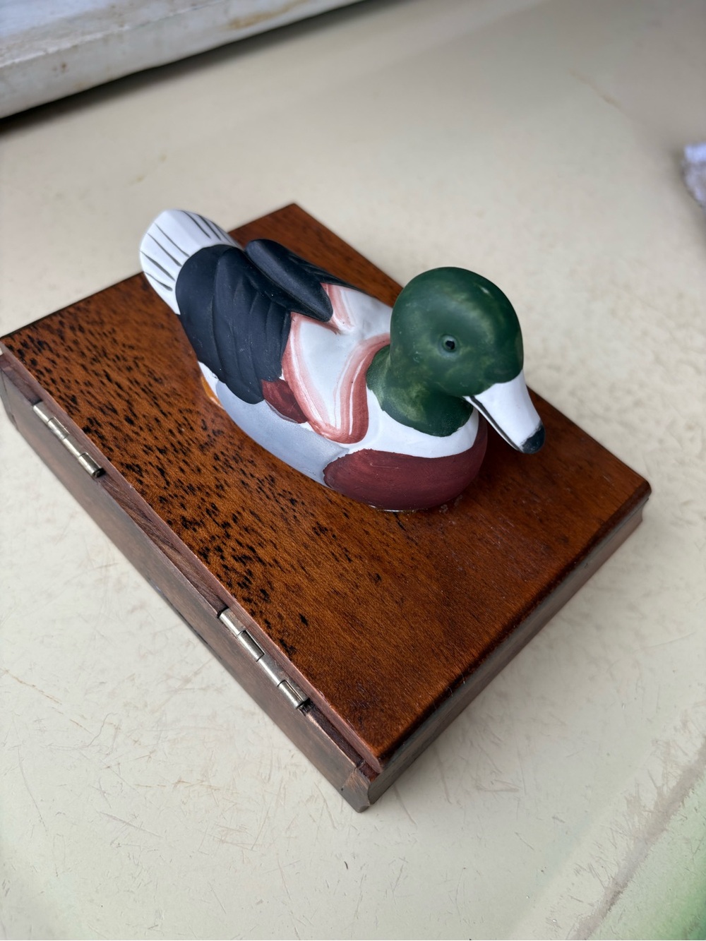 Hand-Painted Ceramic Mallard Duck jewelry box -Green, White, Brown, Black